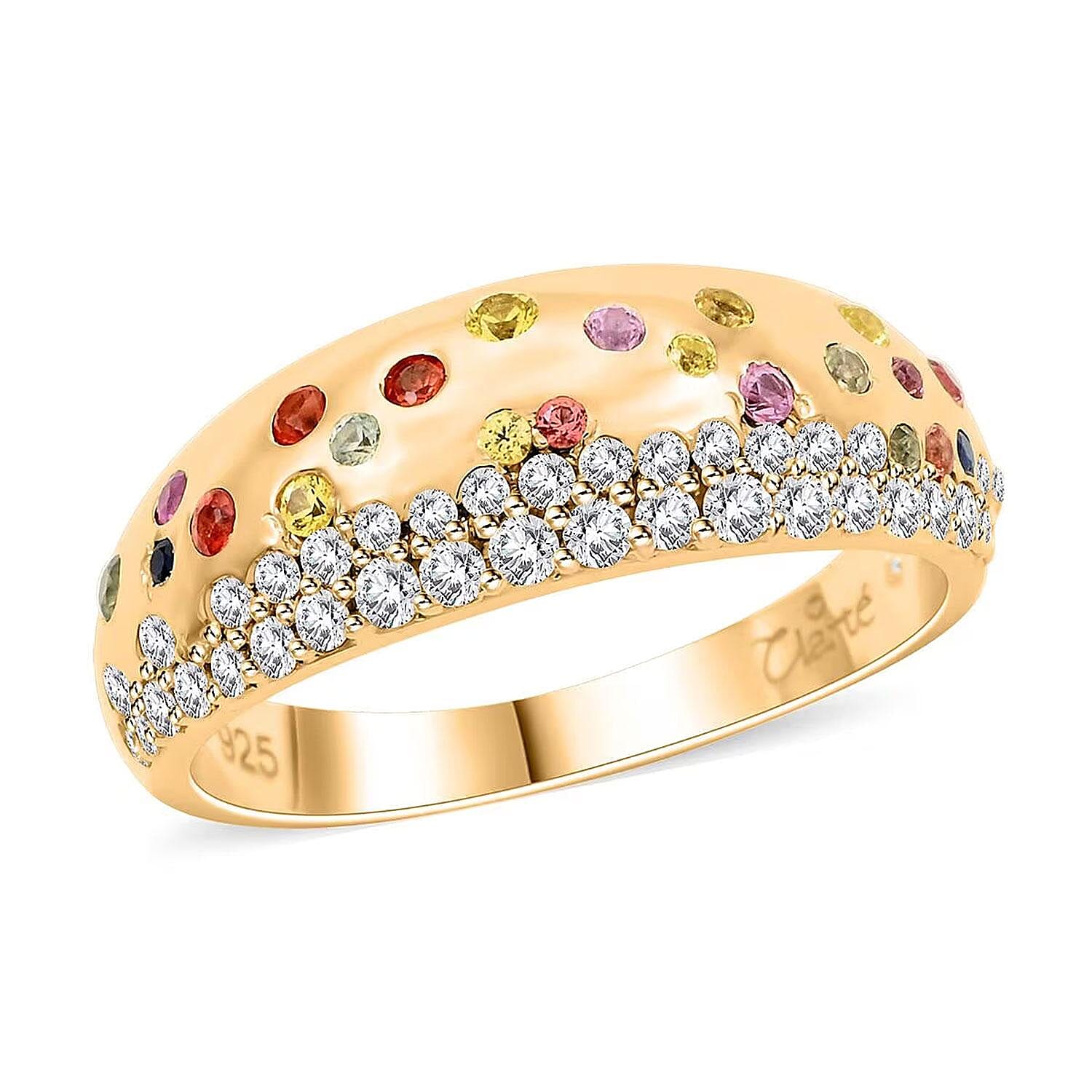 Clarte Sul Mare Collection Multi Sapphire and Moissanite Ring in Vermeil YG Over Sterling Silver (Size 10.0) 0.80 ctw