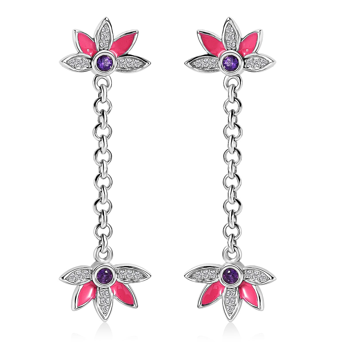 African Amethyst, White Zircon Dangling Earrings in rhodium Sterling Silver 0.60 ctw