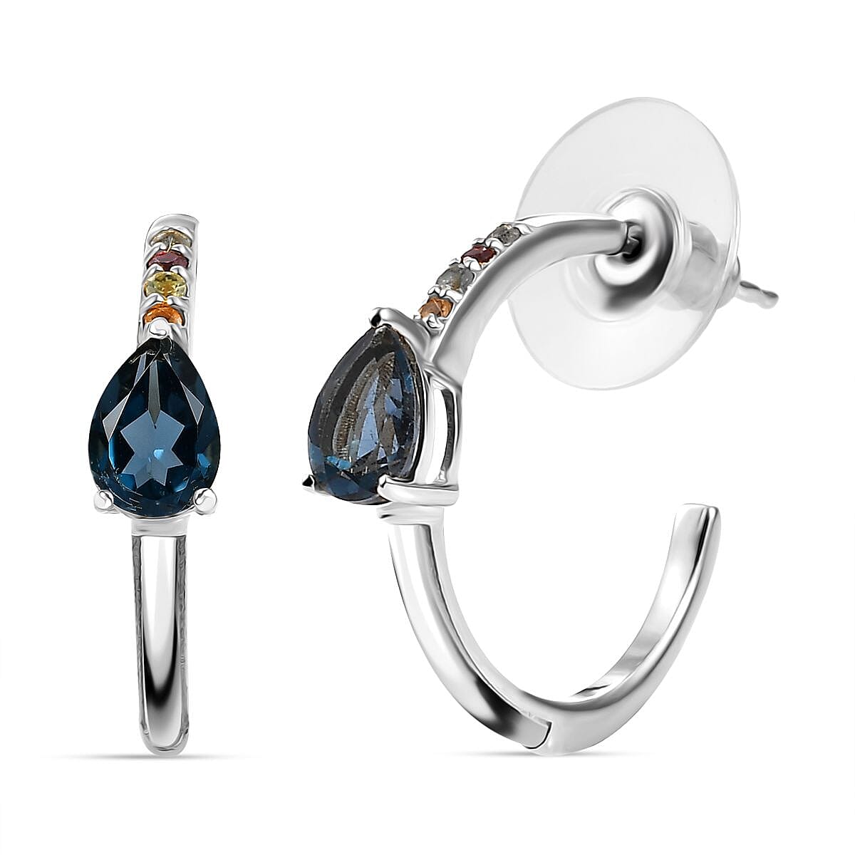 London Blue Topaz, Multi Gemstones Earrings in Rhodium Over Sterling Silver 1.75 ctw