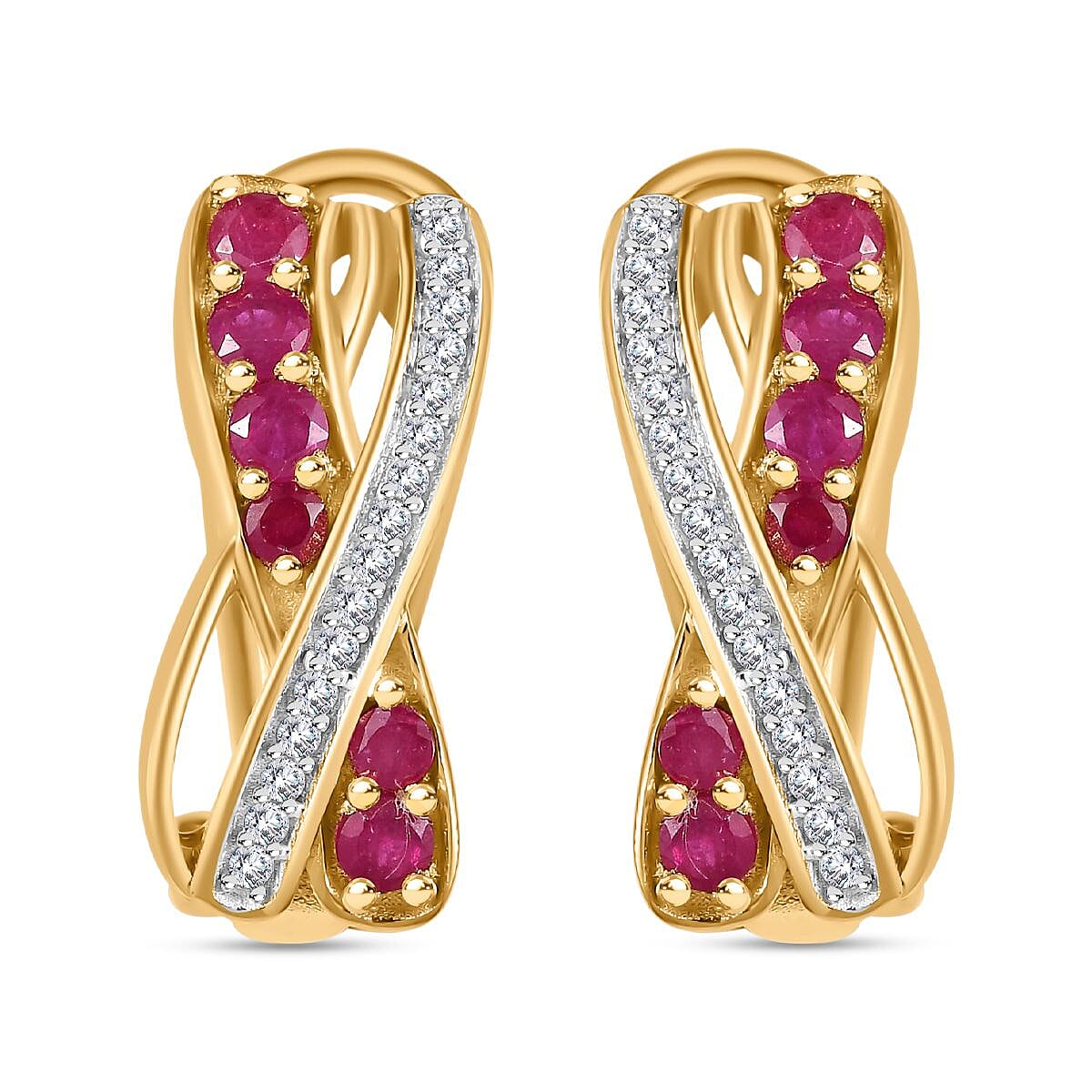 Montepuez Ruby and Moissanite Art Deco Earrings in 18K Vermeil Yellow Gold Over Sterling Silver 1.50 ctw