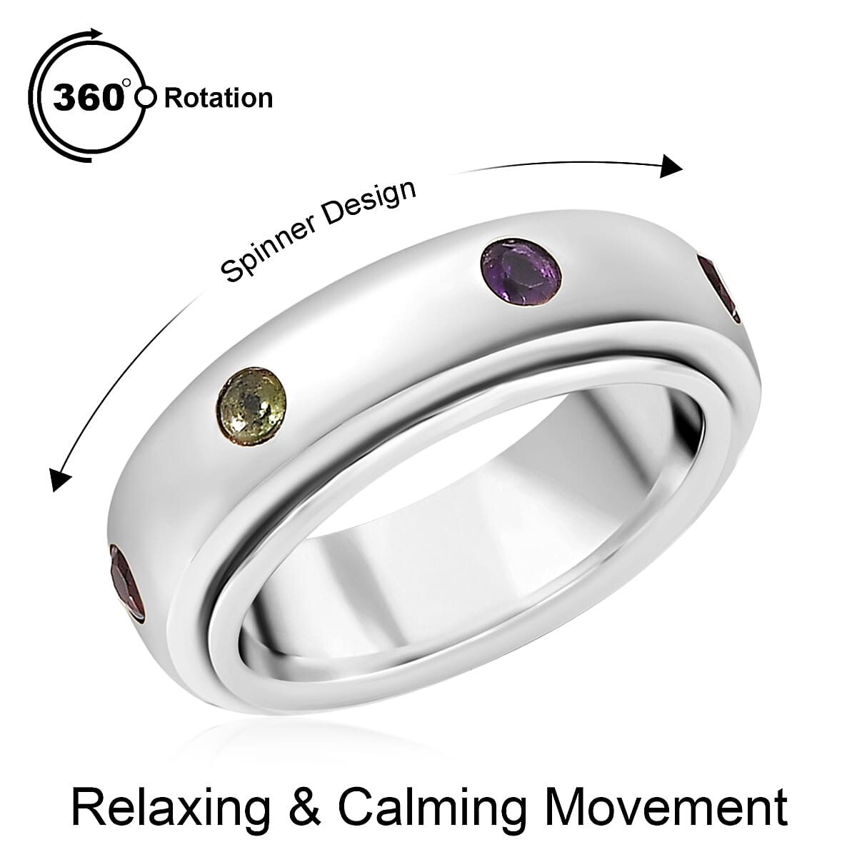 Multi Gemstone Spinner Band Ring in Platinum Over Sterling Silver (Size 10.0) 0.50 ctw