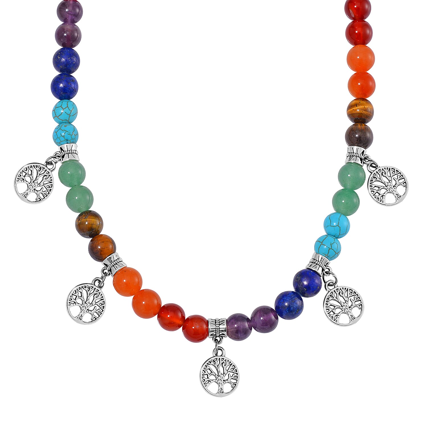 Multi Gemstone Beaded Seven Chakra Necklace with Tree of Life Charm (18-20 Inches) in Silvertone 320.00 ctw