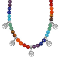 Multi Gemstone Beaded Seven Chakra Necklace with Tree of Life Charm (18-20 Inches) in Silvertone 320.00 ctw