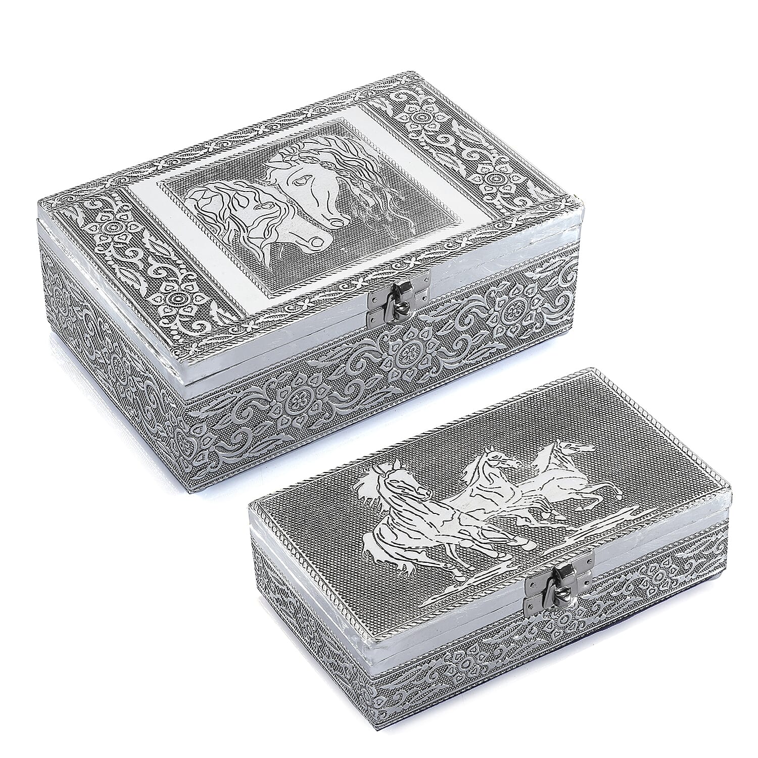 Hand Crafted Set of 2 Aluminum Oxidized Cat Horse Embossed Jewelry Box Made Up with Teak Wood Aluminum Sheet and Velvet (7.8"x5.3"x2.75",6.5"x4"x1.5")