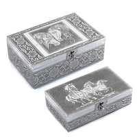 Hand Crafted Set of 2 Aluminum Oxidized Cat Horse Embossed Jewelry Box Made Up with Teak Wood Aluminum Sheet and Velvet (7.8"x5.3"x2.75",6.5"x4"x1.5")