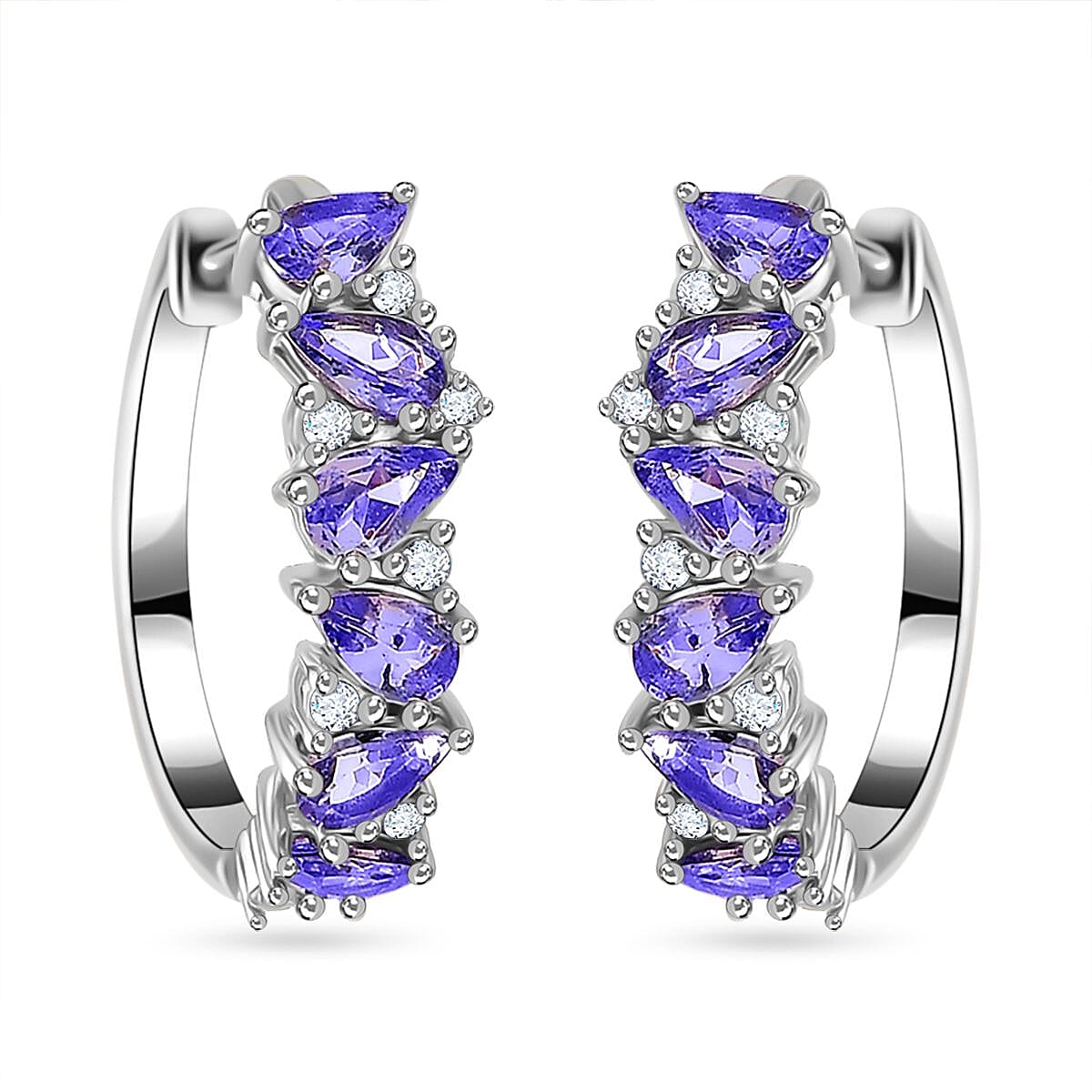 Tanzanite and Moissanite Art Deco Hoop Earrings in Rhodium Over Sterling Silver 2.65 ctw