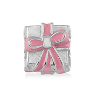 Pink Enameled Gift Charm in Rhodium Over Sterling Silver
