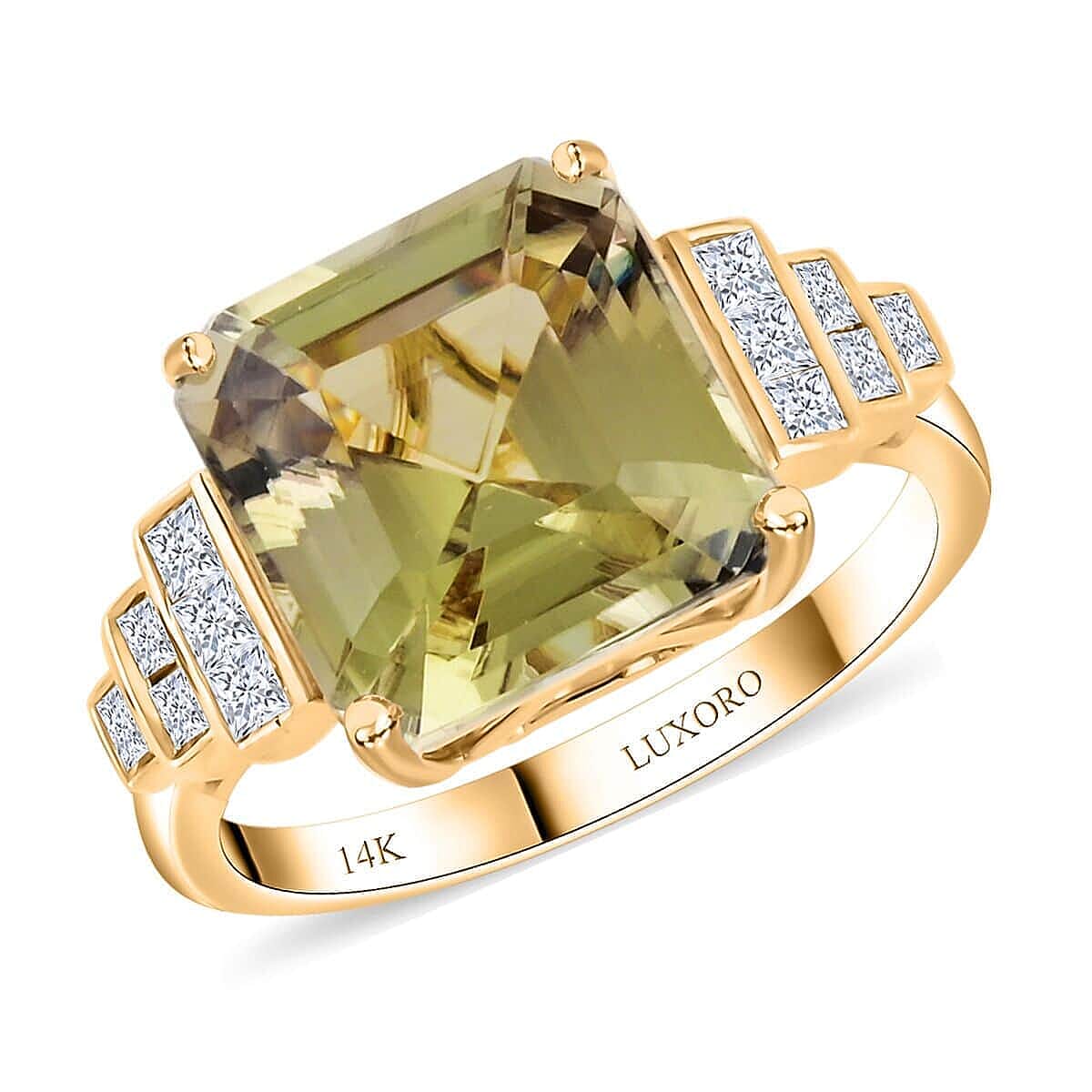 Certified & Appraised Luxoro 14K Yellow Gold Asscher Cut AAA Turkizite, Diamond (I2) (0.19 cts) Ring (Size 10.0) 5.40 ctw