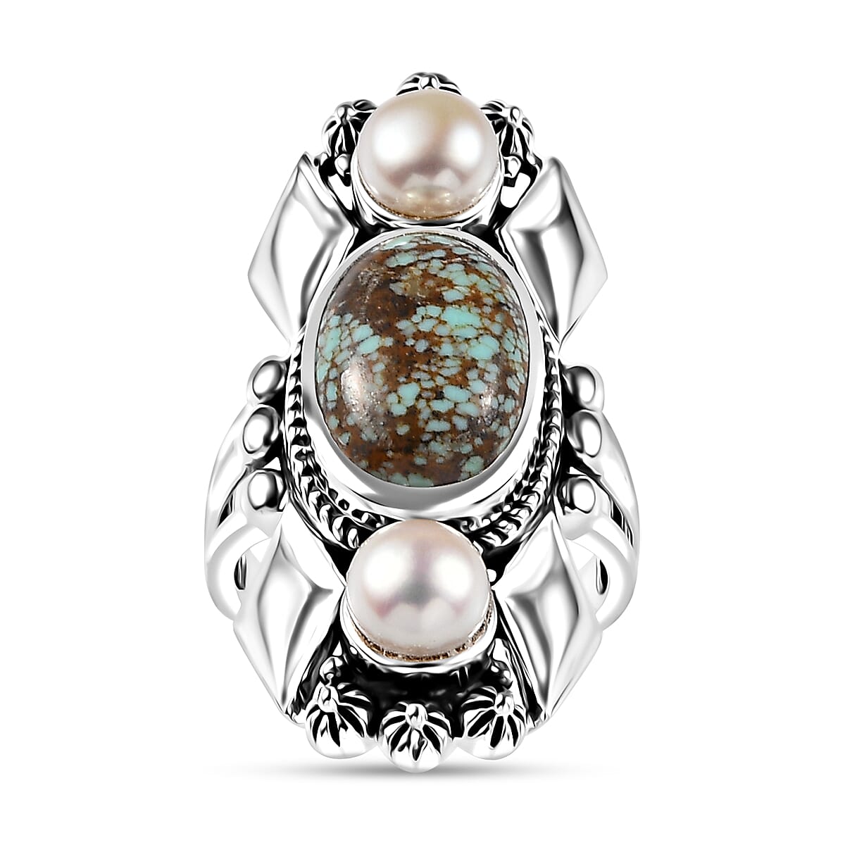 D'Joy Artisan Crafted Blue Horizon Turquoise 5.60 ctw and White Pearl Ring in Sterling Silver (Size 9.0)