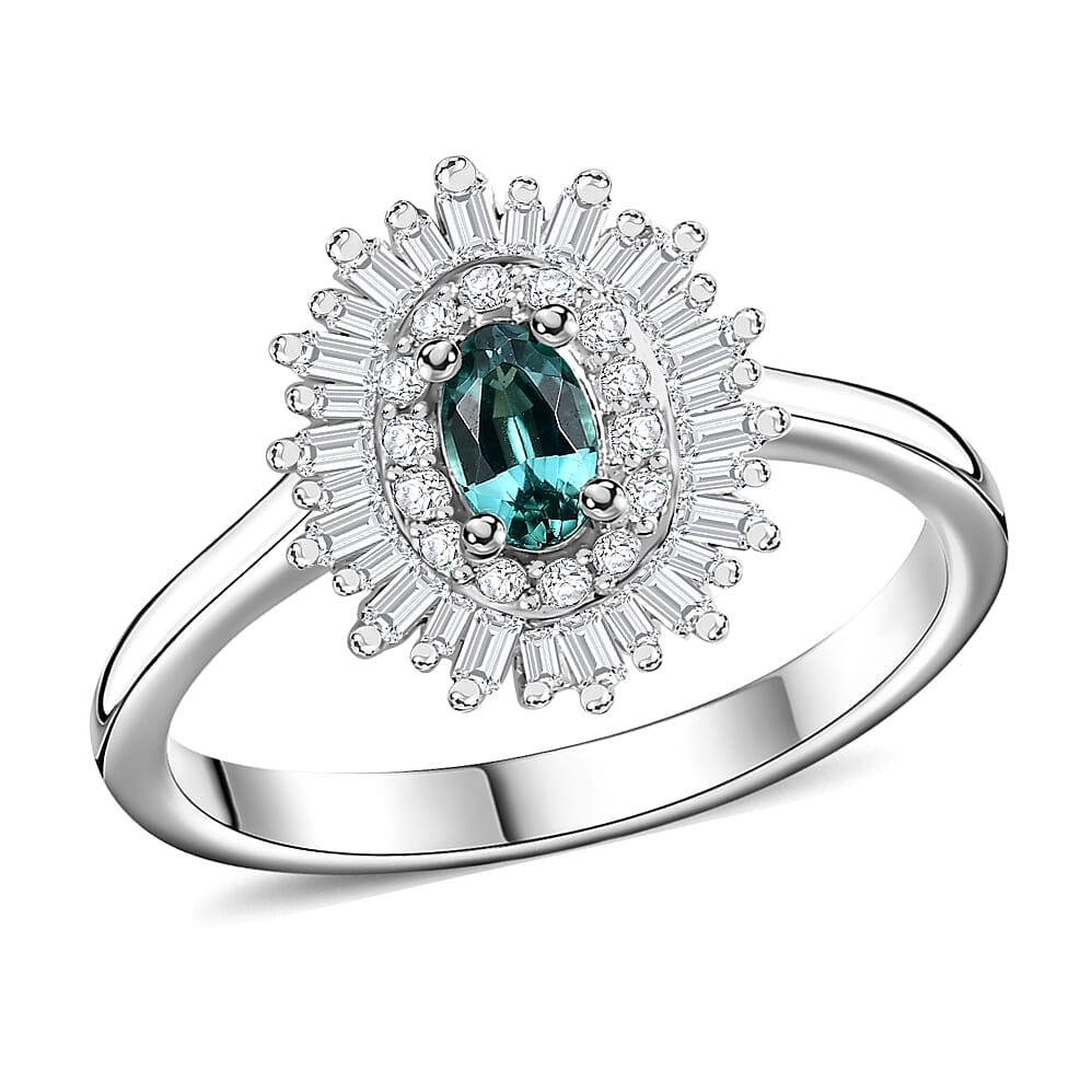 Premium Pirineu Lagoon Tourmaline, Diamond (0.31 cts) Sunrays Ring in Rhodium Over Sterling Silver (Size 6.0) 0.55 ctw