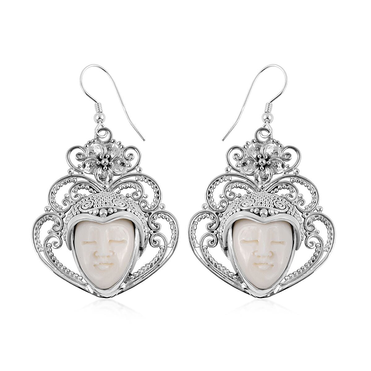 Bali Goddess Carved Bone Earrings in Sterling Silver
