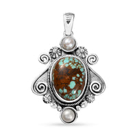 D'Joy Artisan Crafted Blue Horizon Turquoise 6.75 ctw and White Pearl Ocean Embrace Pendant without Chain in Black Oxidized Sterling Silver