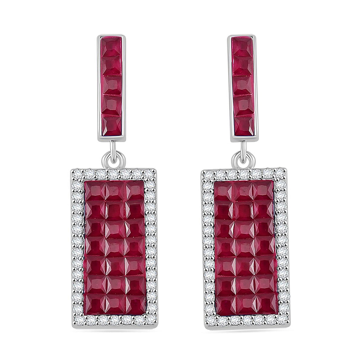 Simulated White and Ruby Color Diamond Earrings in Rhodium Over Sterling Silver