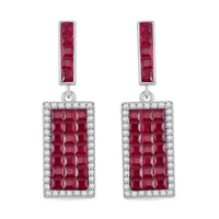 Simulated White and Ruby Color Diamond Earrings in Rhodium Over Sterling Silver