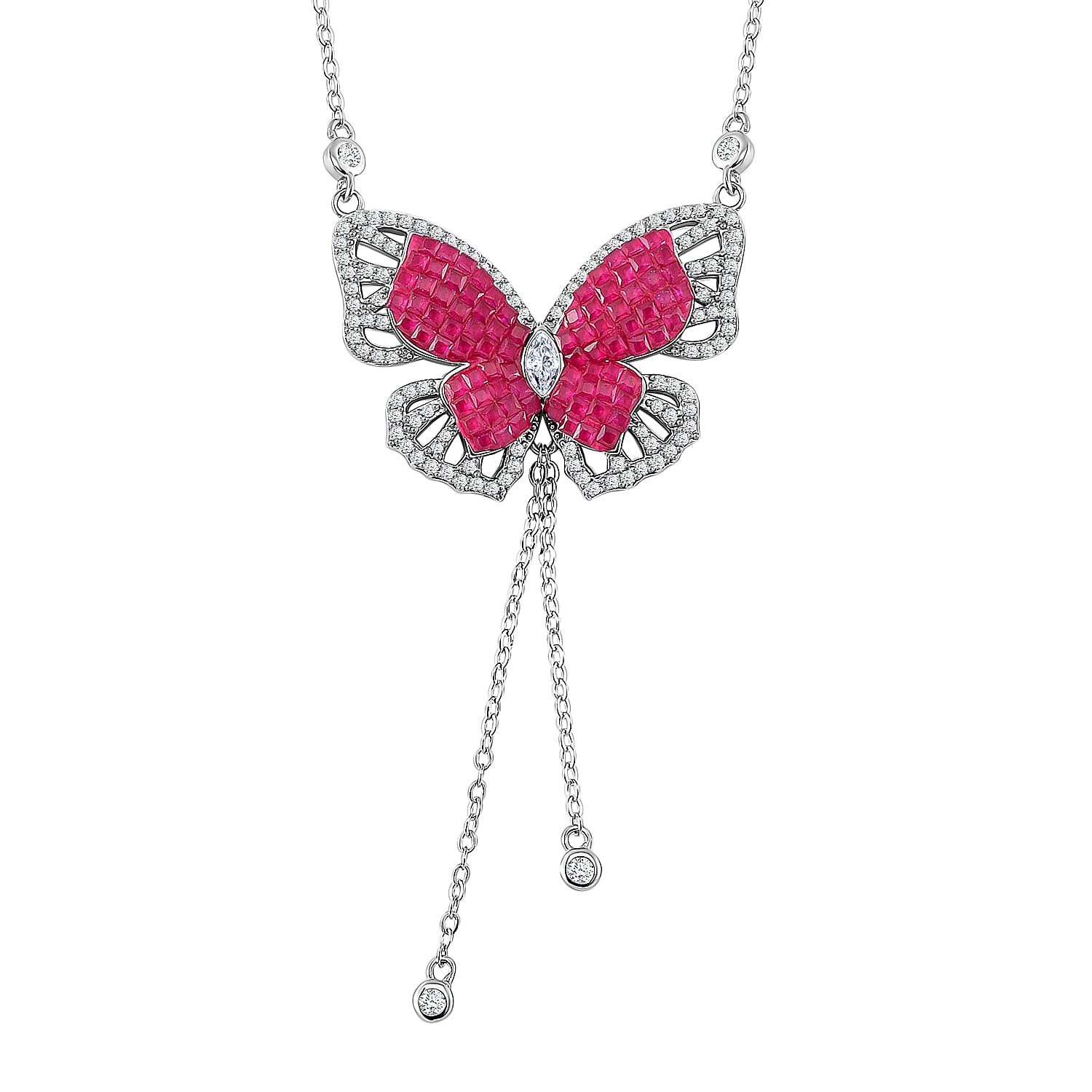Simulated Ruby Color and White Diamond Butterfly Necklace in Rhodium Over Sterling Silver (18 Inches) 3.30 ctw