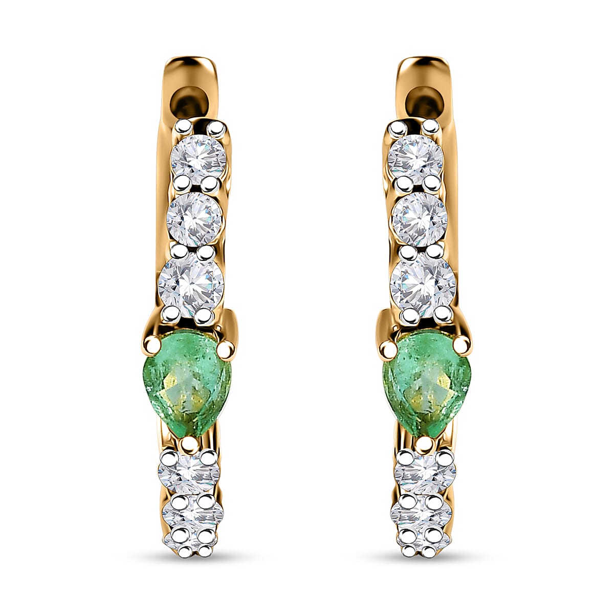D'Joy Boyaca Colombian Emerald and White Zircon 1.10 ctw Art Deco Earrings in 18K Vermeil Yellow Gold Over Sterling Silver