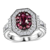 Ouro Fino Rubellite and Moissanite 1.50 ctw Double Halo Ring in Rhodium Over Sterling Silver (Size 6.0)