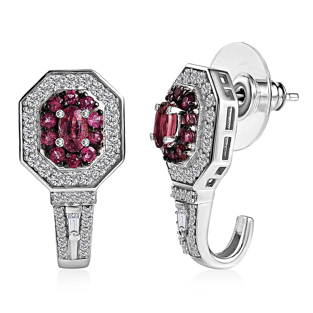 Ouro Fino Rubellite and 2.00 ctw Moissanite Art Deco J-Hoop Earrings in Rhodium Over Sterling Silver