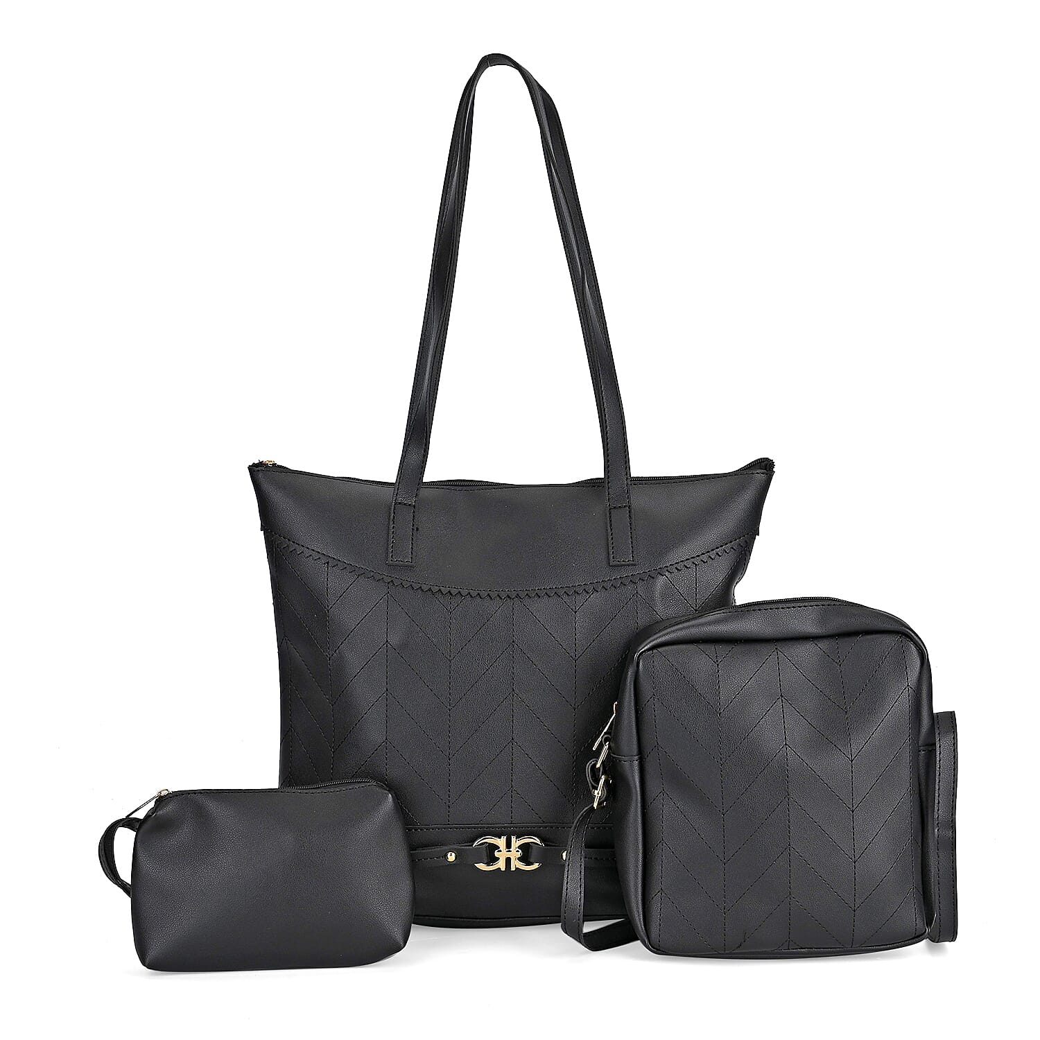 TLV Set of 3 Bags, Black Faux Leather Tote Bag (13"x5"x13.4"), Crossbody Bag (8.3"x2.95"x9") and Wrist Bag (7.9"x1.6"x4.3")