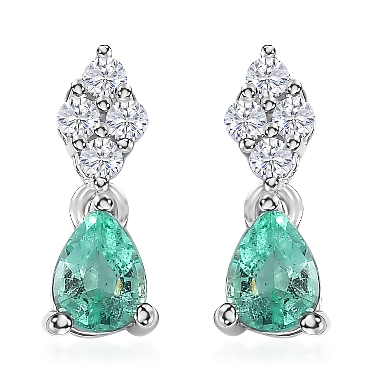 Boyaca Colombian Emerald and Moissanite 0.85 ctw Drop Earrings in Rhodium Over Sterling Silver