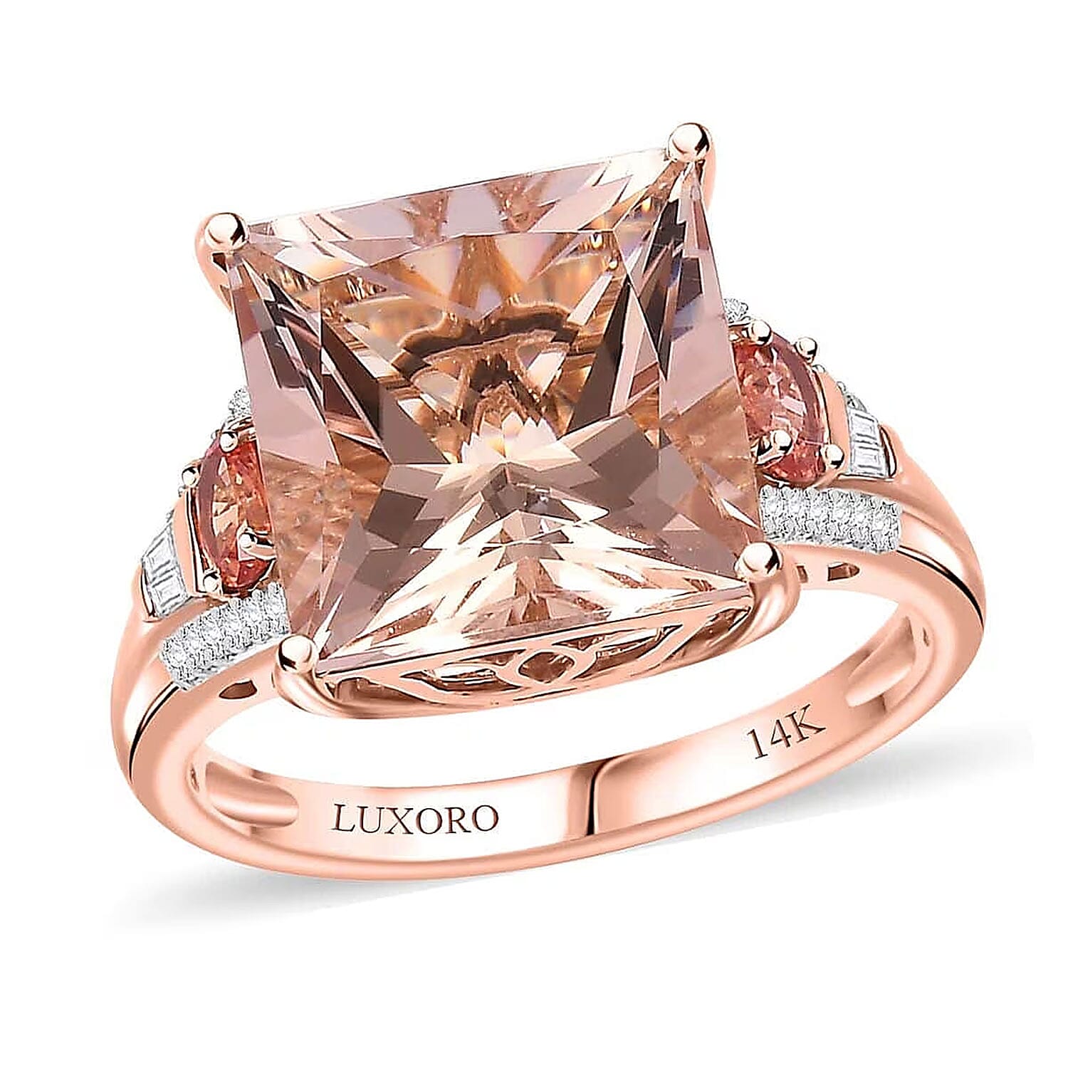 Luxoro AAA Marropino Morganite, Padparadscha Sapphire and G-H I2 Diamond 8.50 ctw Ring in 14K Rose Gold (Size 9.0)