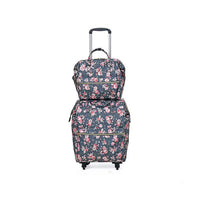 Set of 2 Travel Bags, Gray Flower Backpack with Wheel and Adjustable Handle (13.4"x7.7"x17") and Tote Bag (11.4"x5.9"x11.4")