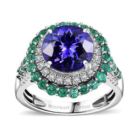 Certified & Appraised Rhapsody 950 Platinum AAAA Tanzanite, Boyaca Colombian Emerald, Diamond (E-F, VS) (0.32 cts) Ring (Size 6.0) (8.90 g) 4.22 ctw