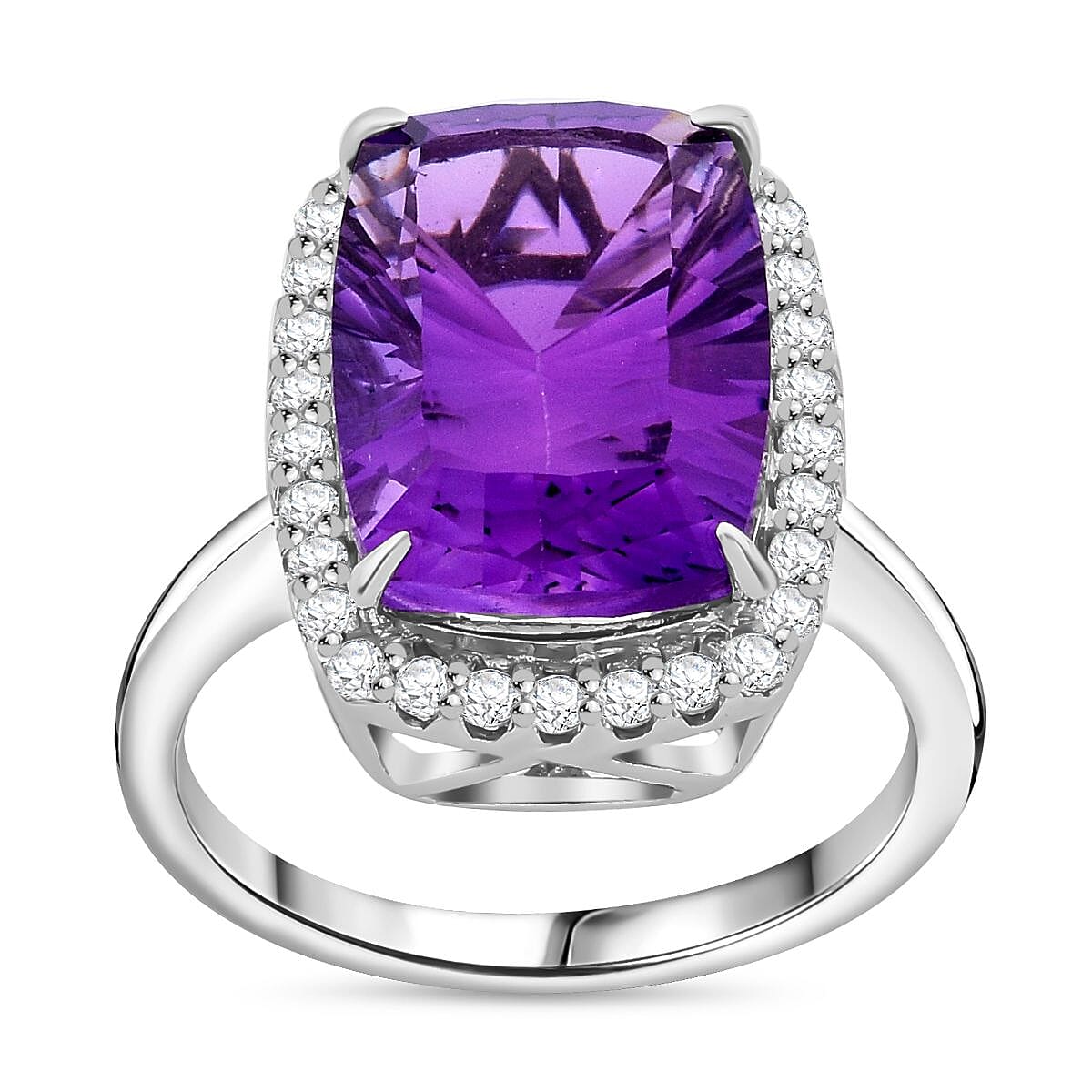 Concave Cut African Amethyst, White Zircon Halo Ring in Rhodium Over Sterling Silver (Size 10.0) 7.20 ctw