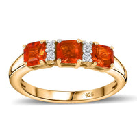 Crimson Fire Opal, White Zircon 0.75 ctw 3 Stone Ring in 18K Vermeil Yellow Gold Over Sterling Silver (Size 11.5)
