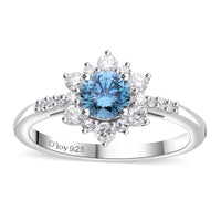 Luxuriant Lab Grown Blue and White Diamond (SI) 1.00 ctw Floral Ring in Platinum Over Sterling Silver (Size 10.0)