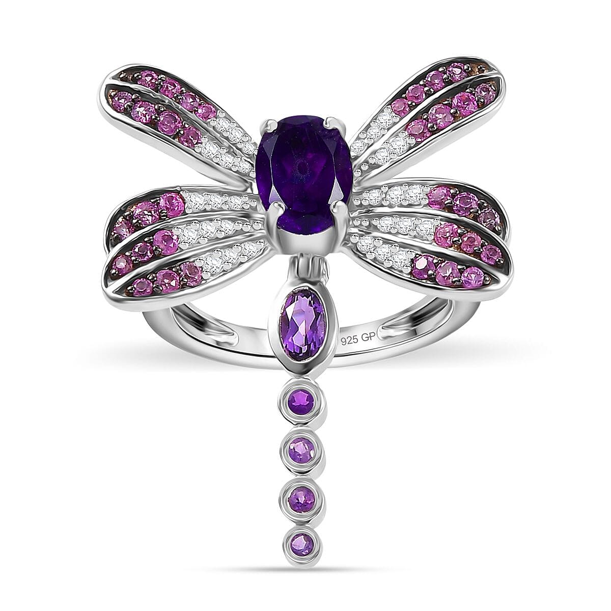 GP Premium African Amethyst and Multi Gemstone 2.35 ctw Dragonfly Ring in Rhodium Over Sterling Silver (Size 7.0)