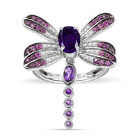 GP Premium African Amethyst and Multi Gemstone 2.35 ctw Dragonfly Ring in Rhodium Over Sterling Silver (Size 7.0)