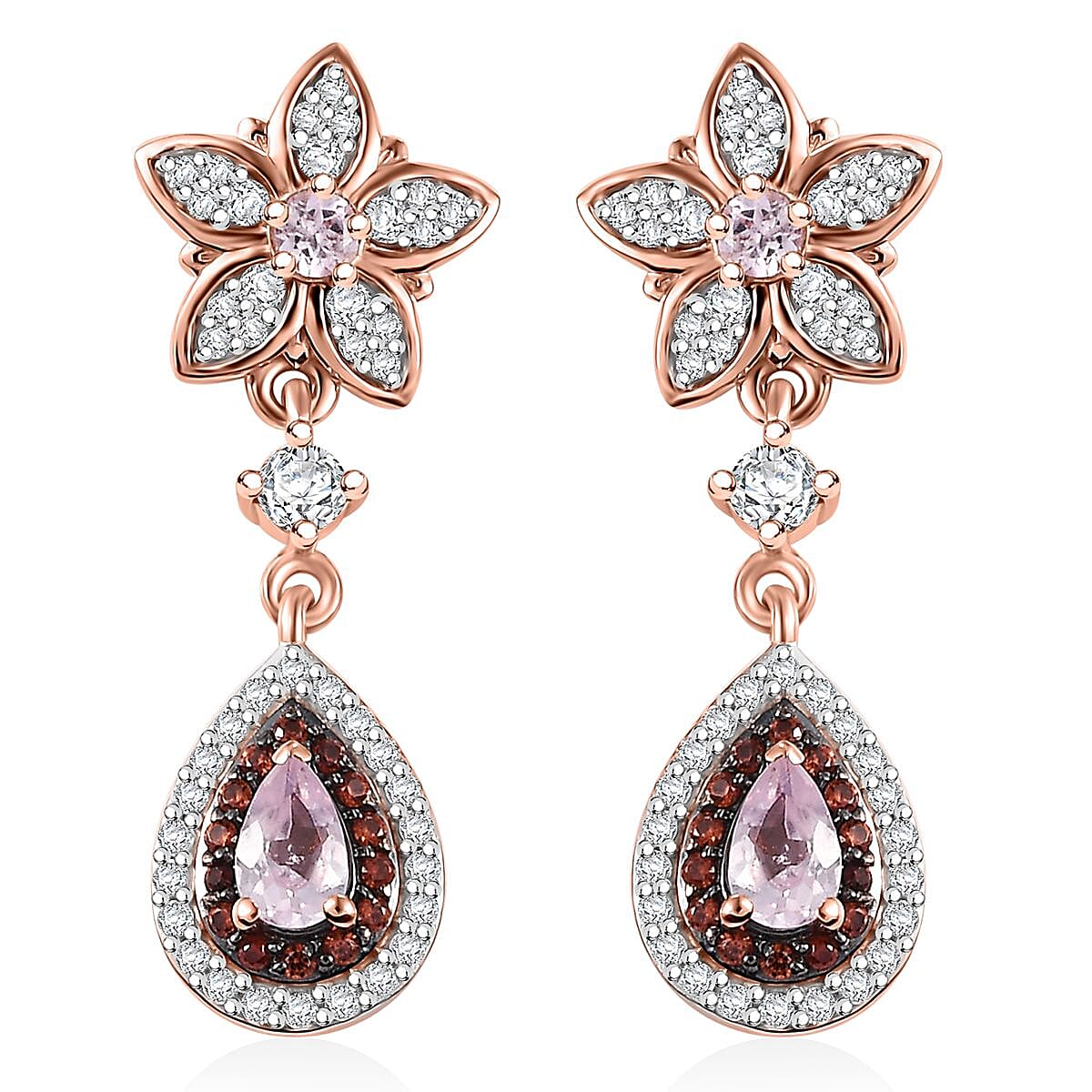 D'Joy Narsipatnam Pink Spinel, Brown and White Zircon 1.70 ctw Raindrop Blooming Earrings in 18K Vermeil Rose Gold Over Sterling Silver