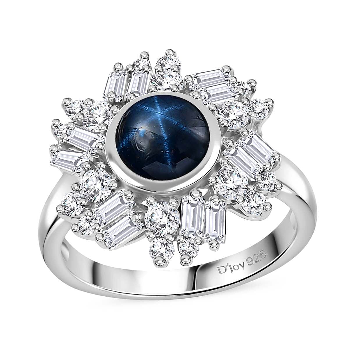 Blue Star Sapphire (DF), Moissanite Ring in Rhodium Over Sterling Silver (Size 10.0) 3.40 ctw
