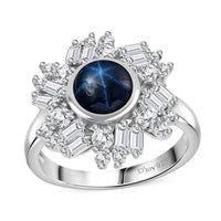 Blue Star Sapphire (DF), Moissanite Ring in Rhodium Over Sterling Silver (Size 10.0) 3.40 ctw