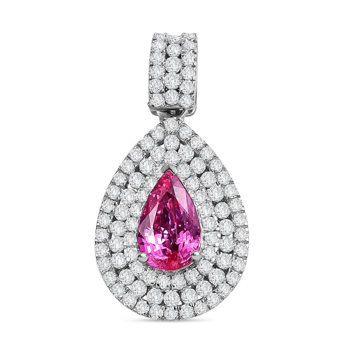 Certified & Appraised Rhapsody AAAA Padparadscha Sapphire and E-F VS2 Diamond 2.75 ctw Double Halo Pendant in 950 Platinum