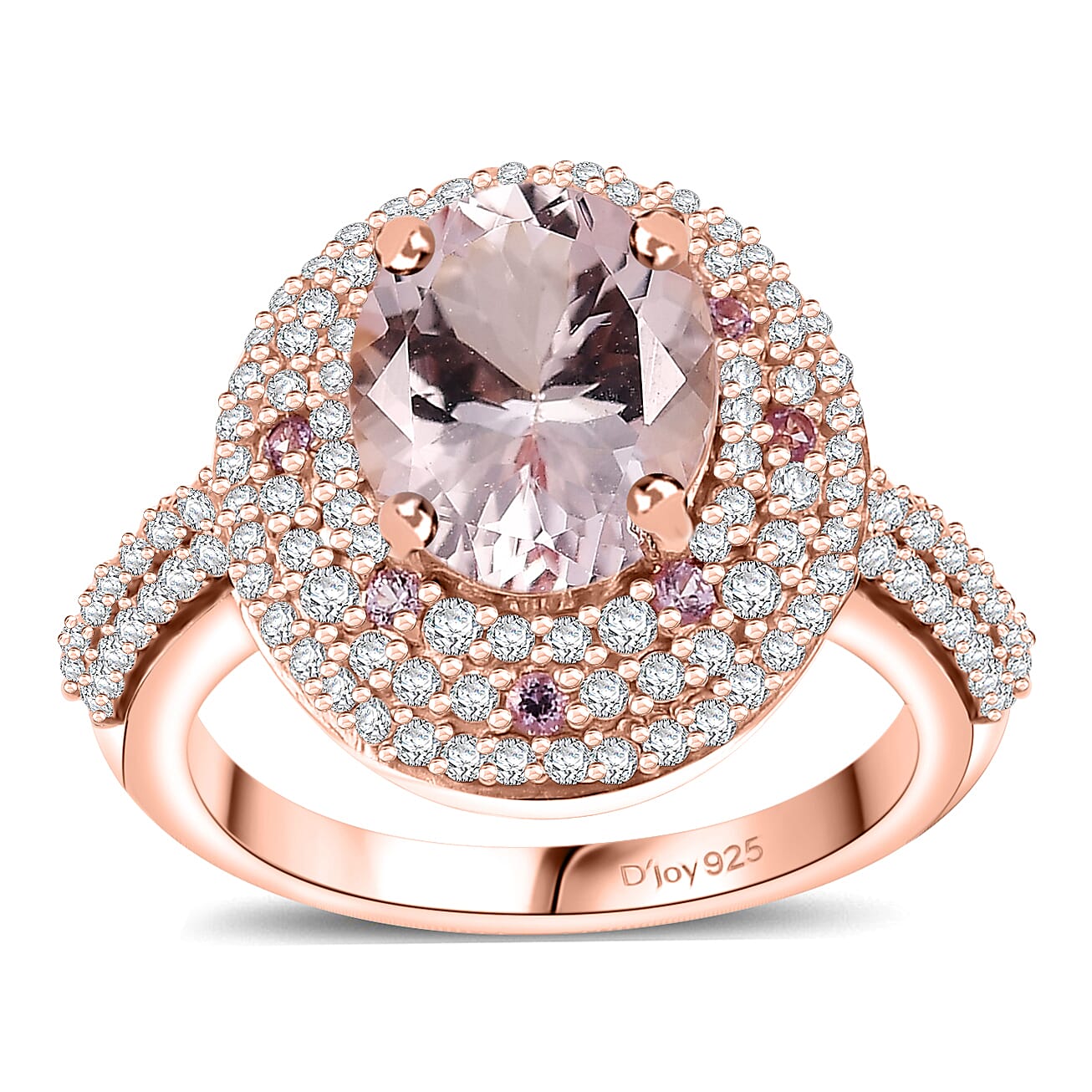 Pink Morganite, Multi Gemstone Double Halo Ring in 18K Vermeil RG Over Sterling Silver (Size 7.0) 3.50 ctw