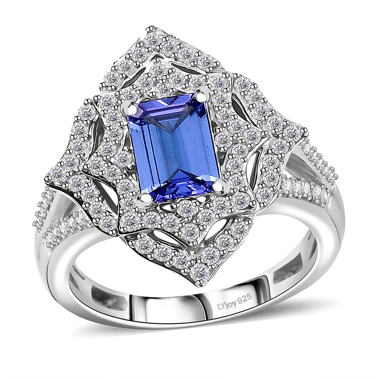 Premium Tanzanite, White Zircon Art Deco Ring in Rhodium Over Sterling Silver (Size 10.0) 1.90 ctw