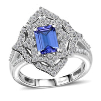 Premium Tanzanite, White Zircon Art Deco Ring in Rhodium Over Sterling Silver (Size 10.0) 1.90 ctw