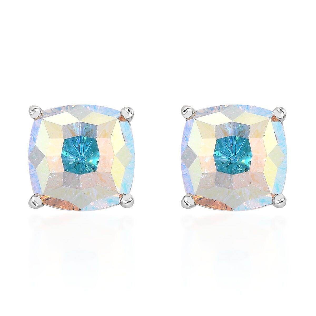 J Francis Embellished with Aurora Borealis Crystal by Swarovski Stud Earrings in Rhodium Over Sterling Silver