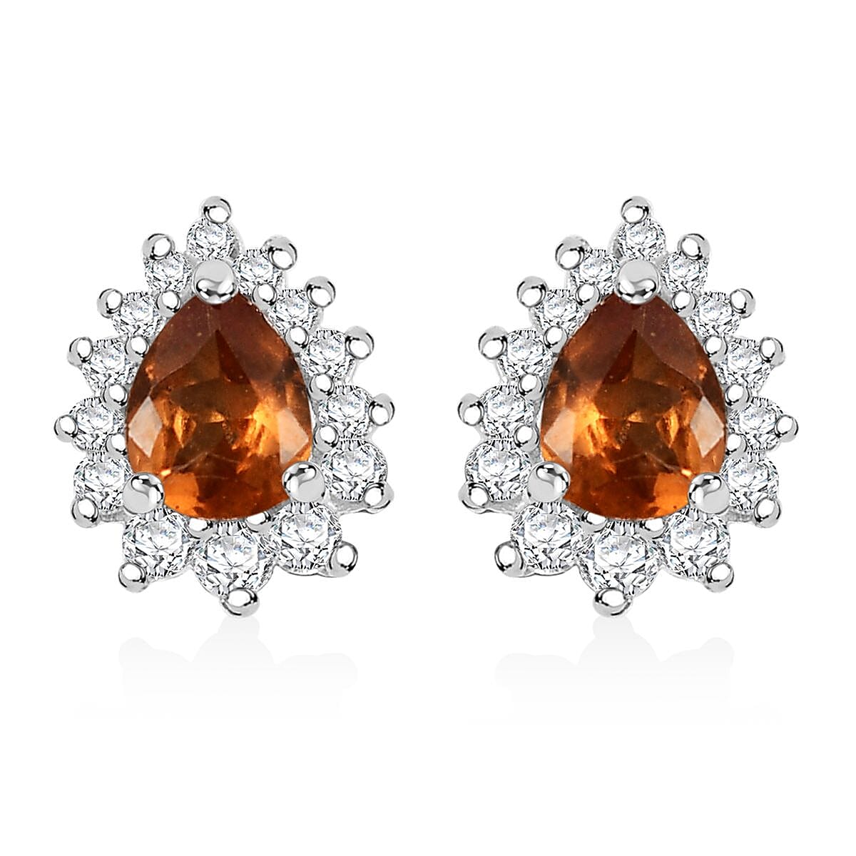 D'Joy Ceylon Hessonite Garnet and White Zircon 0.60 ctw Sunburst Stud Earrings in Rhodium Over Sterling Silver