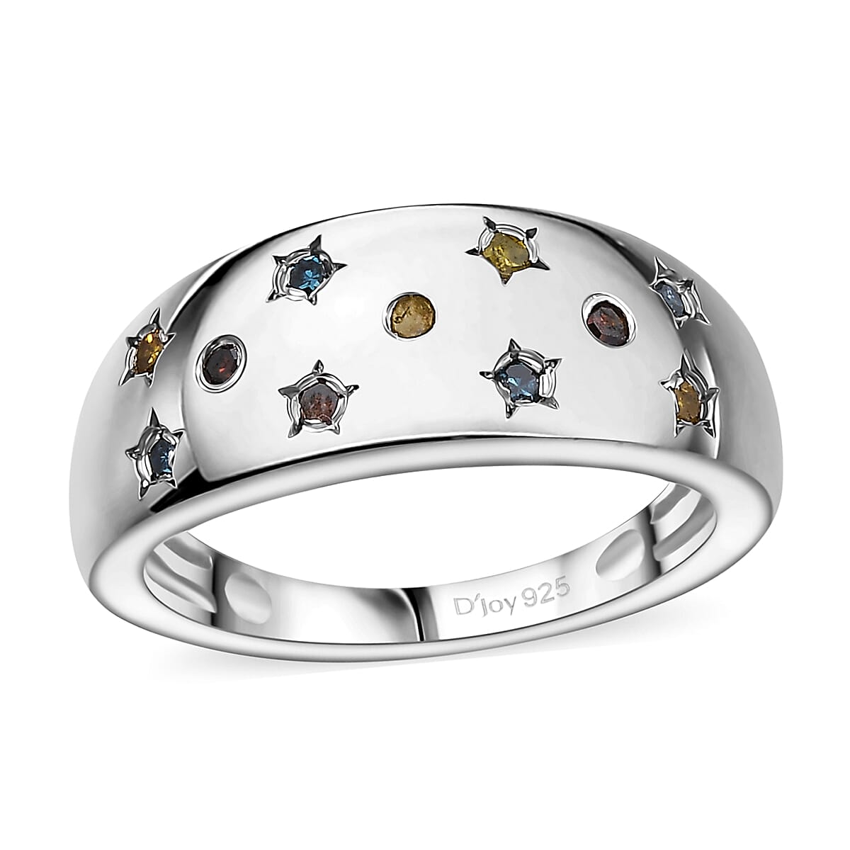 Blue, Yellow and Red Diamond (IR) Celestial Ring in Rhodium Over Sterling Silver (Size 10.0) 0.15 ctw