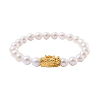 White Anhui Pearl Stretch Bracelet with Dragon Charm in 14K Yellow Gold Over Sterling Silver (6.5-7.0In)