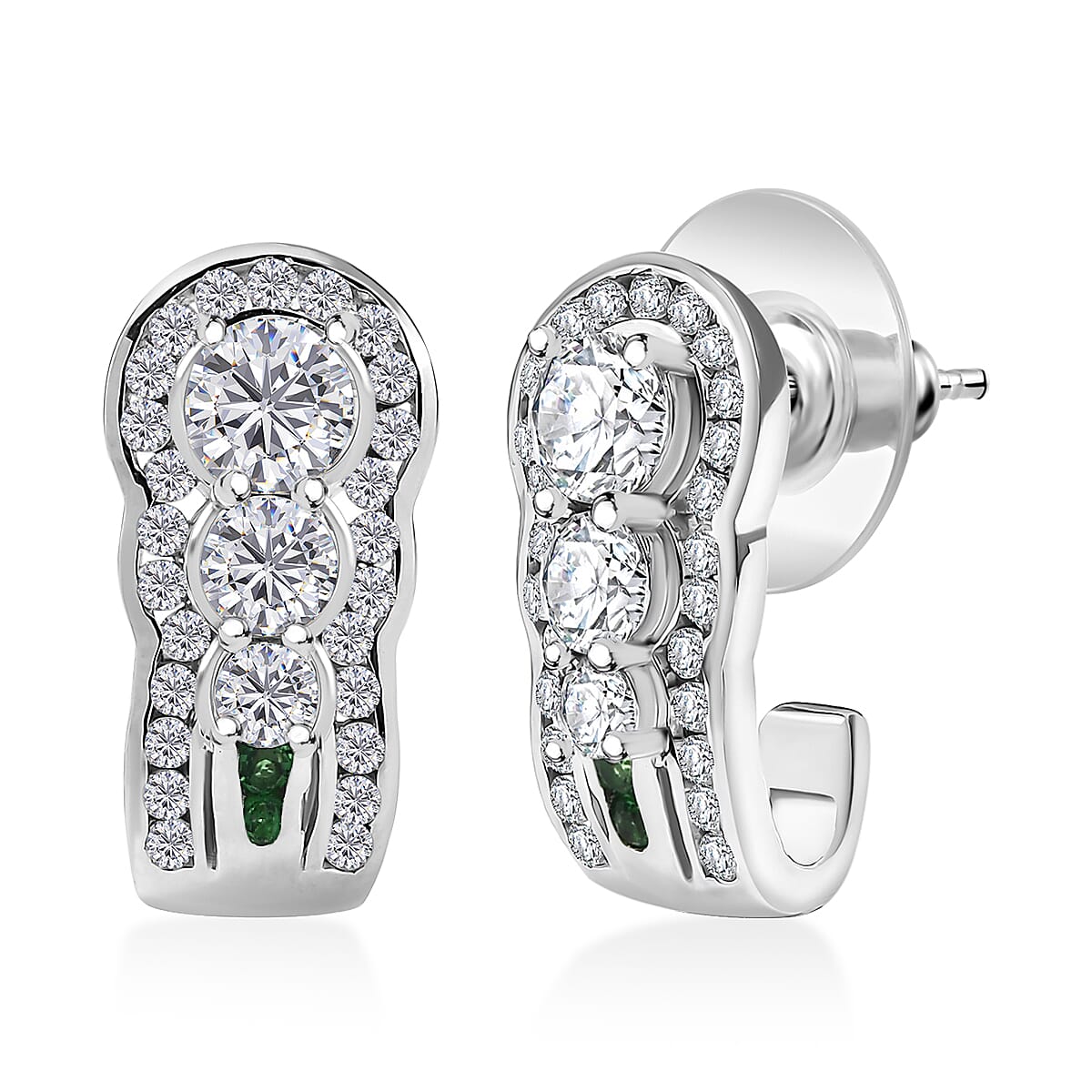 Moissanite (Rnd 5mm), Tsavorite Garnet  J-Hoop Earrings in Rhodium Over Sterling Silver 2.75 ctw