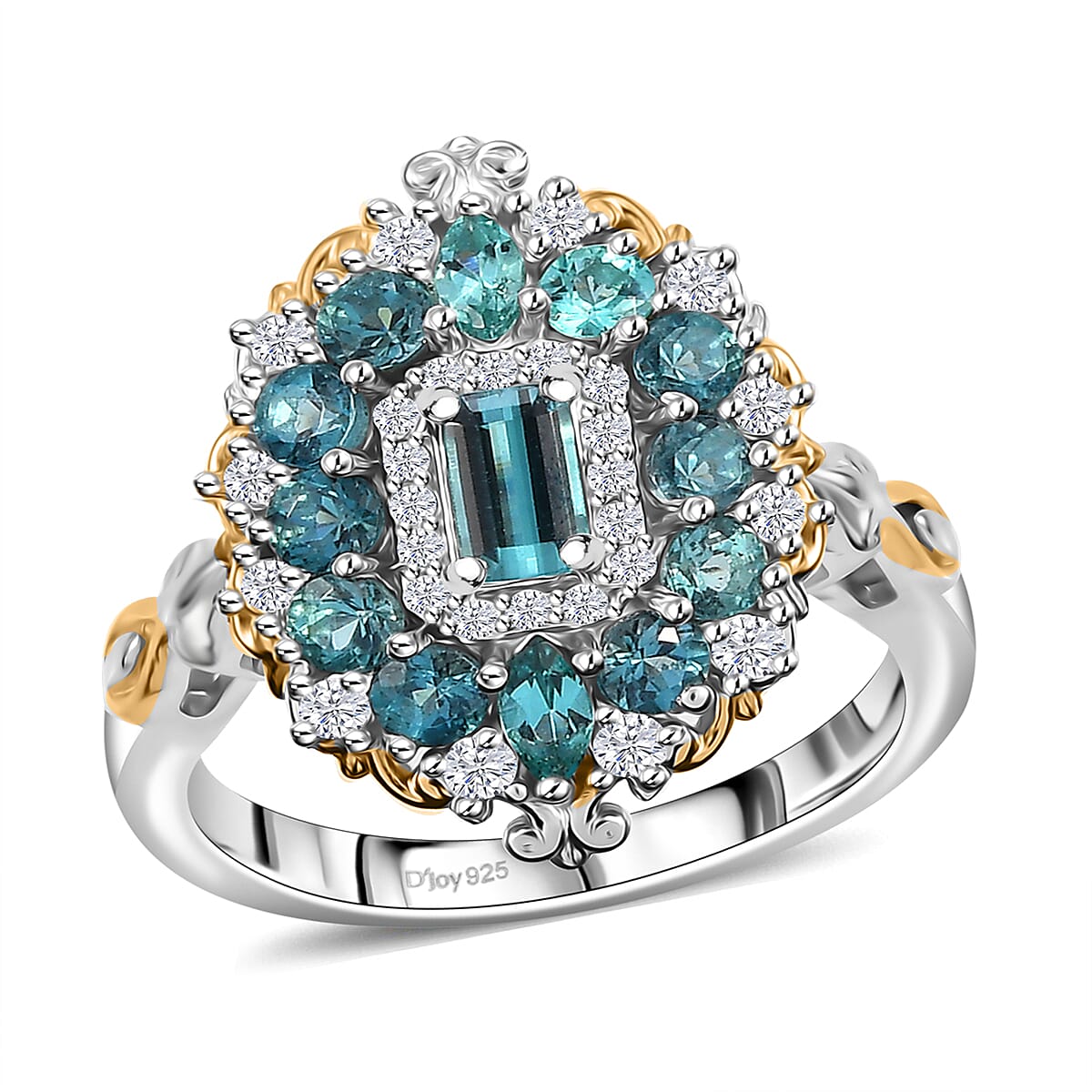 Premium Pirineu Lagoon Tourmaline, Moissanite Ring in 18K Vermeil YG and Rhodium Over Sterling Silver (Size 6.0) 1.35 ctw