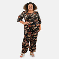 TAMSY Black Floral 2 Piece Lace Top and Pant Set - M/L