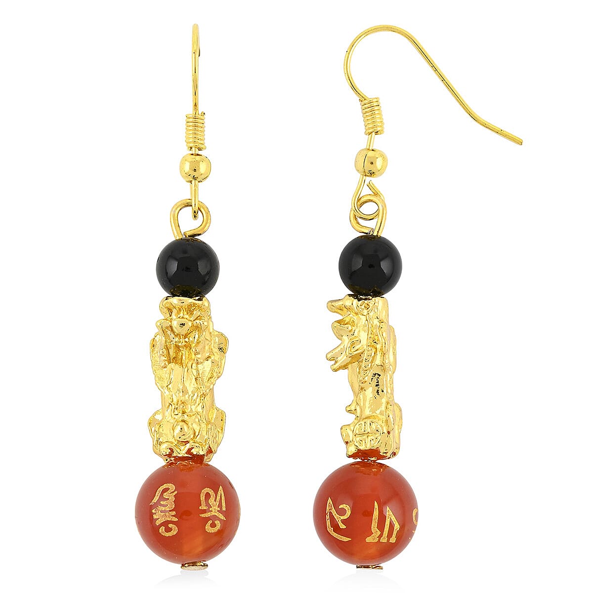 Multi Agate Engraved Buddhist & Pixiu 20.00 ctw Earrings in Goldtone
