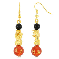 Multi Agate Engraved Buddhist & Pixiu 20.00 ctw Earrings in Goldtone