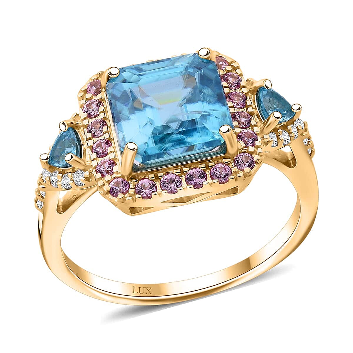 Pre Doorbuster Luxoro 10K Yellow Gold Premium Ratanakiri Blue Zircon, Madagascar Pink Sapphire, Diamond (G-H, I2) Ring (Size 10.0) (4 g) 5.50 ctw