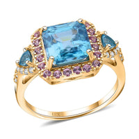 Pre Doorbuster Luxoro 10K Yellow Gold Premium Ratanakiri Blue Zircon, Madagascar Pink Sapphire, Diamond (G-H, I2) Ring (Size 10.0) (4 g) 5.50 ctw